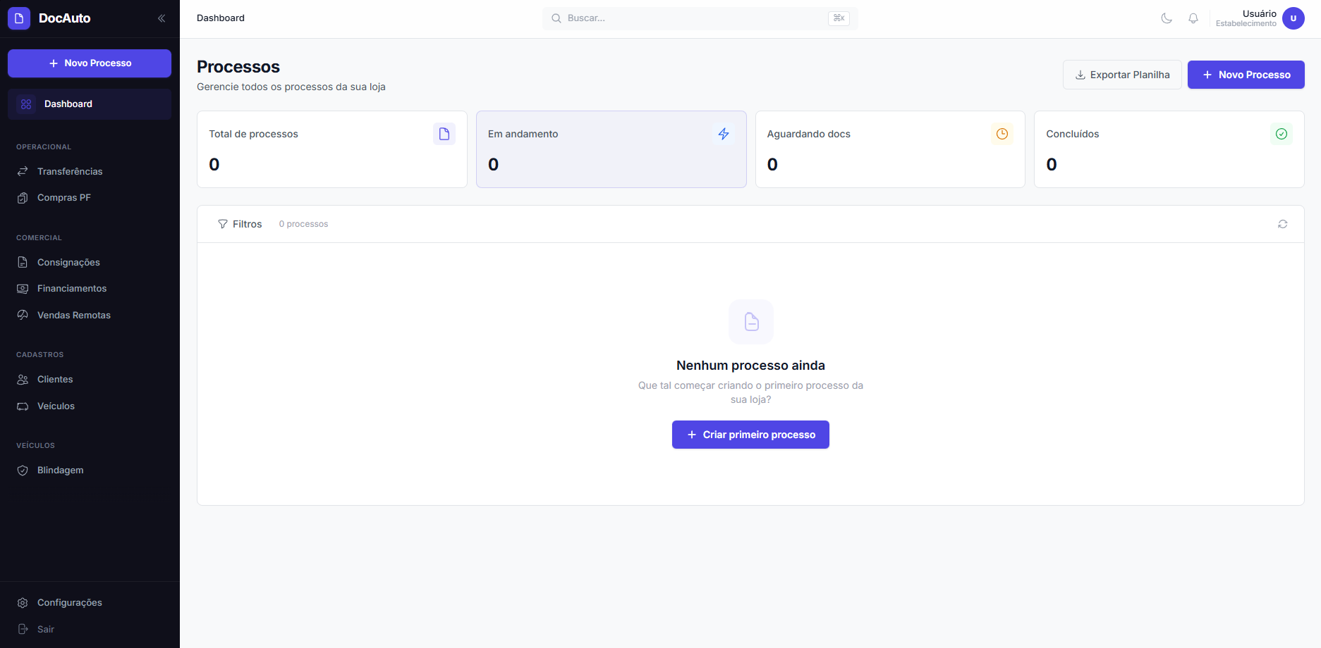 Dashboard do DocAuto mostrando processos ativos